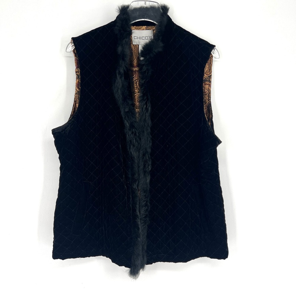 Chicos Vest Womens L Black Quilted Fur Trim Quiet Luxury Old Money Classic Silk